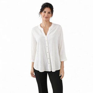 REBECCA MALONE Women's Button Up Blouse XL White Rayon Polyester Spandex